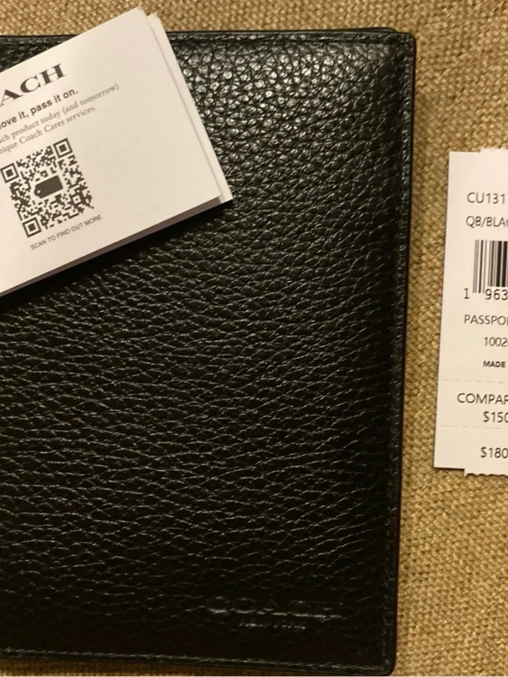 NEW COACH MENS/WOMENS Black Pebble Leather /Passport SLIM WALLET  Zip Pocket